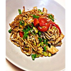 Udon noodles with chicken and vegetables teriyaki sauce