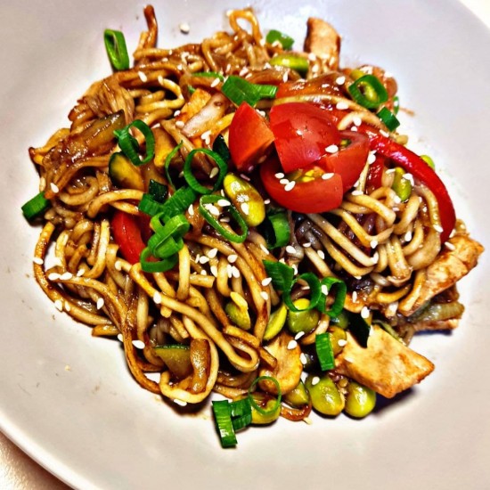Udon noodles with chicken and vegetables teriyaki sauce Udon noodles with chicken and vegetables teriyaki sauce